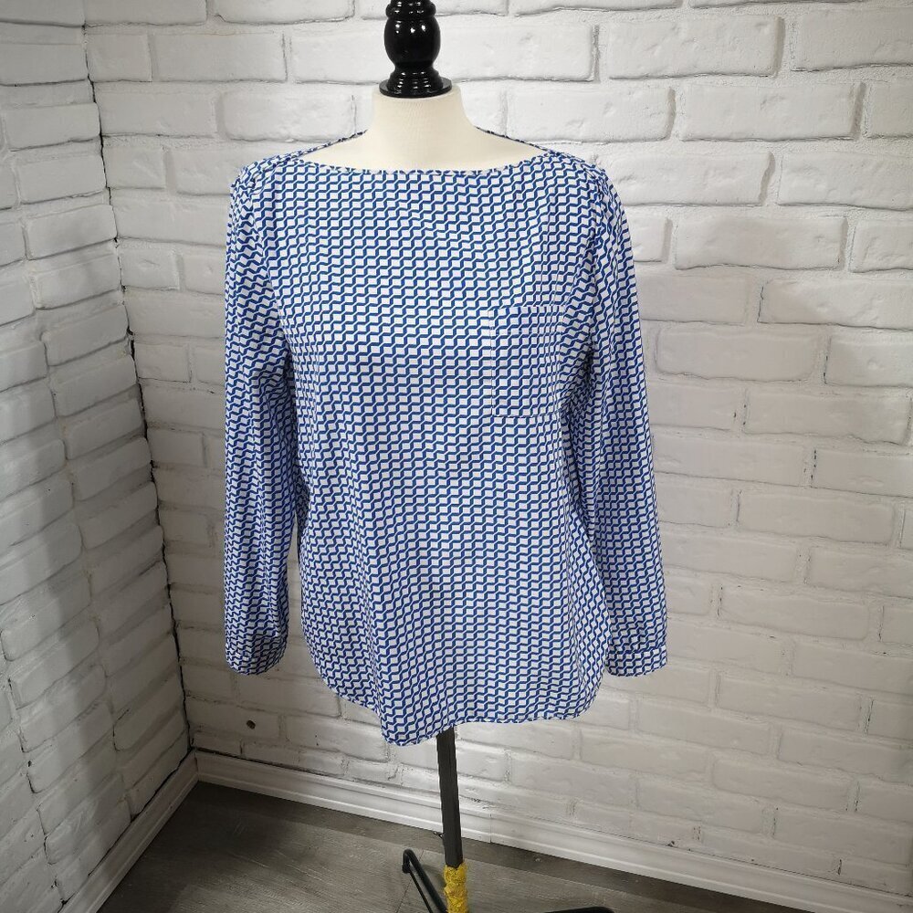 Gap Ladies Size Large Blue & Off White Pattern Boat Neck Blouse